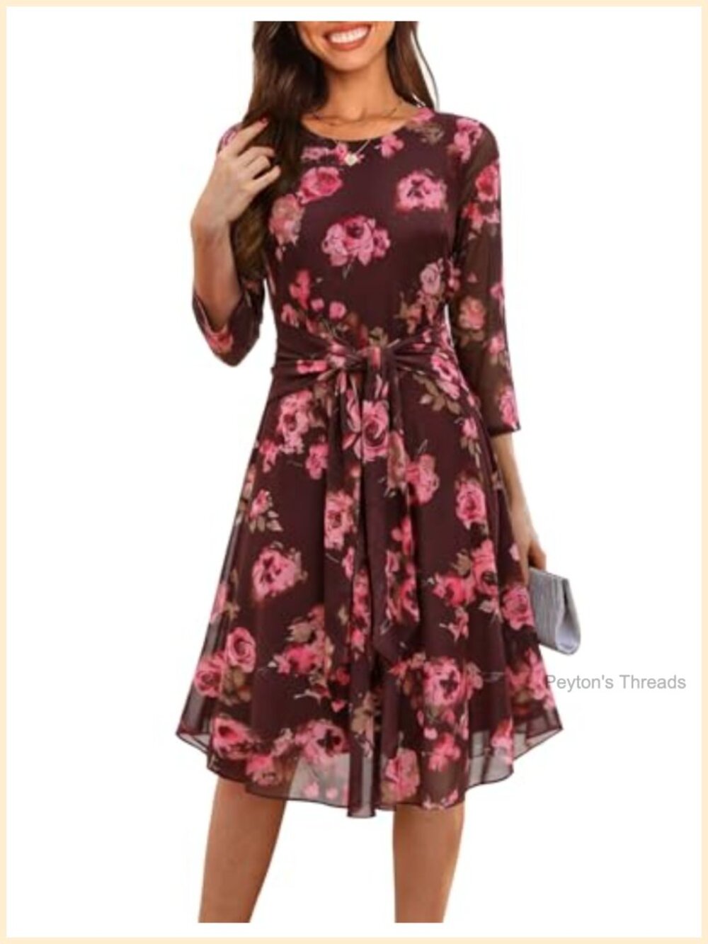 Womens 3/4 Sleeve Mesh Floral Midi Dress Flowy A-Line Belted
